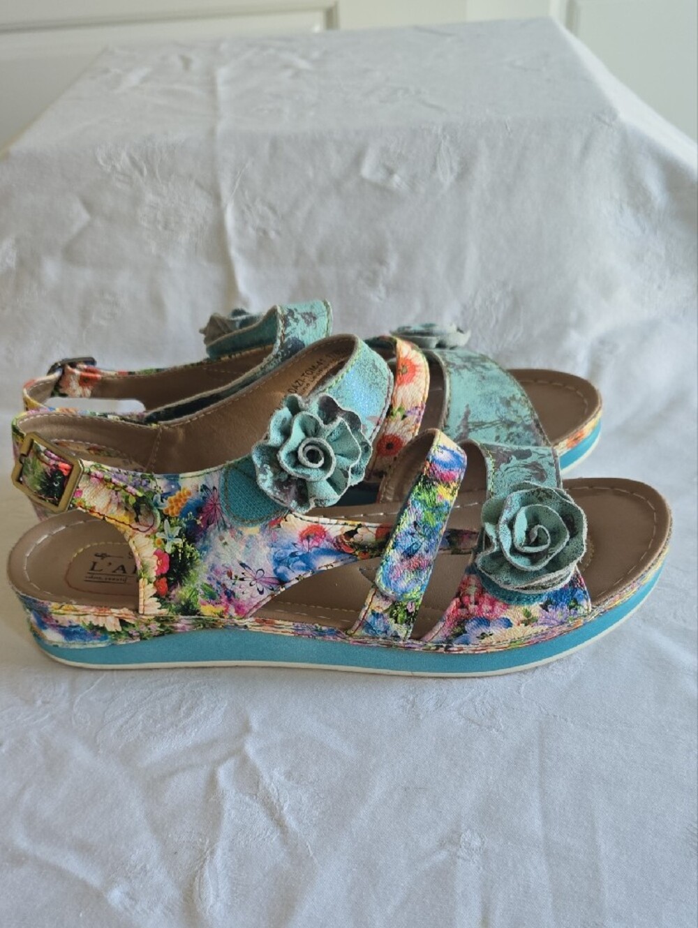Joelina Floral Teal Women’s Slingback Sandals with Rosette Detail EU 41 US 10 - Picture 5 of 16
